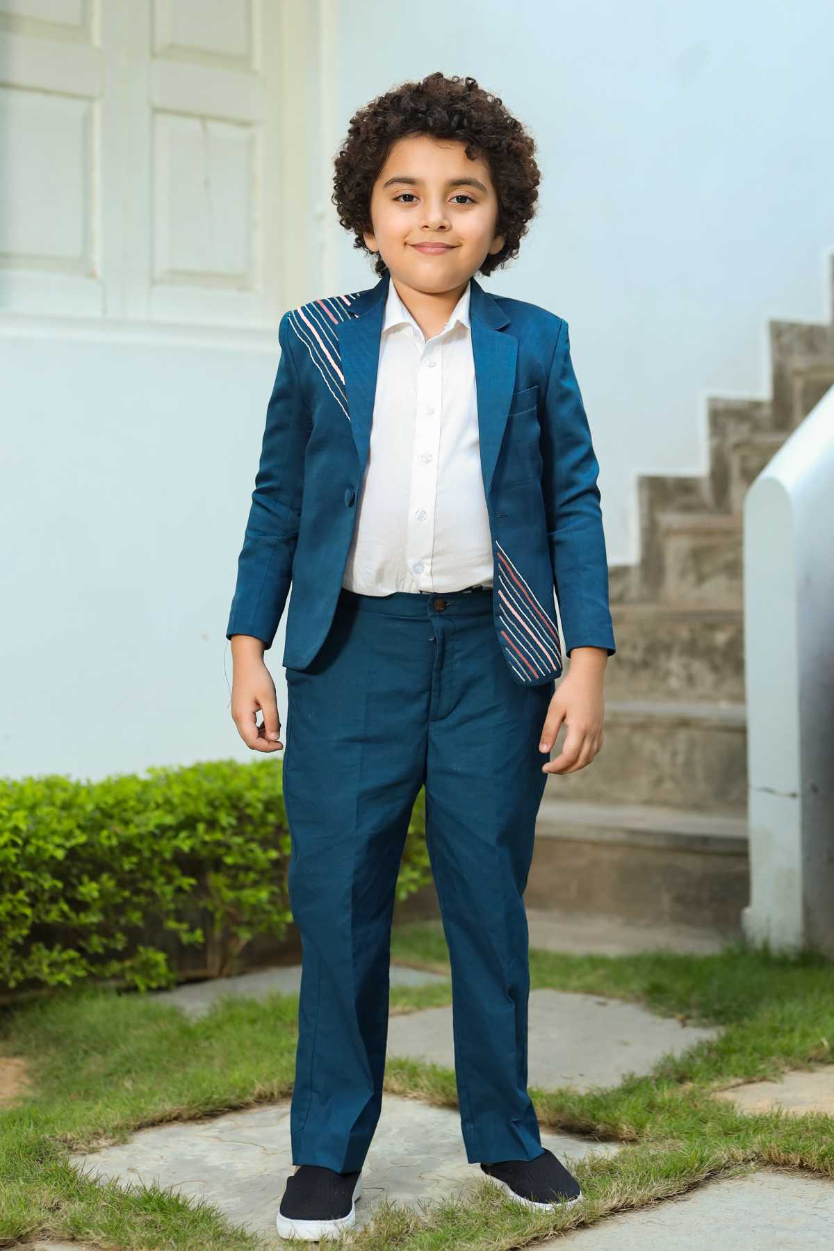 Buy Kids Designer Littleens Multiple contrasting recycled plastic sequins jacket with trousers Online at ScrollnShops